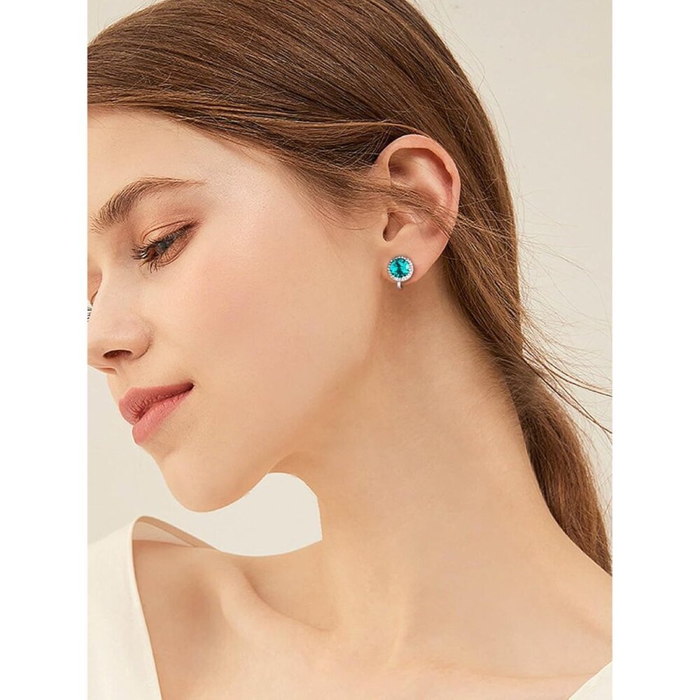 925 Silver Round Birthstone Clip-On Earrings for Women Girls Sparkling Zirconia - Picture 2 of 9